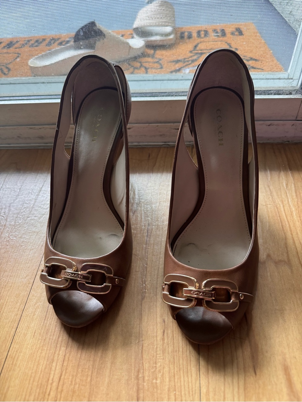 Coach Brown Leather Peep-Toe Heels with Gold Buckle Accent